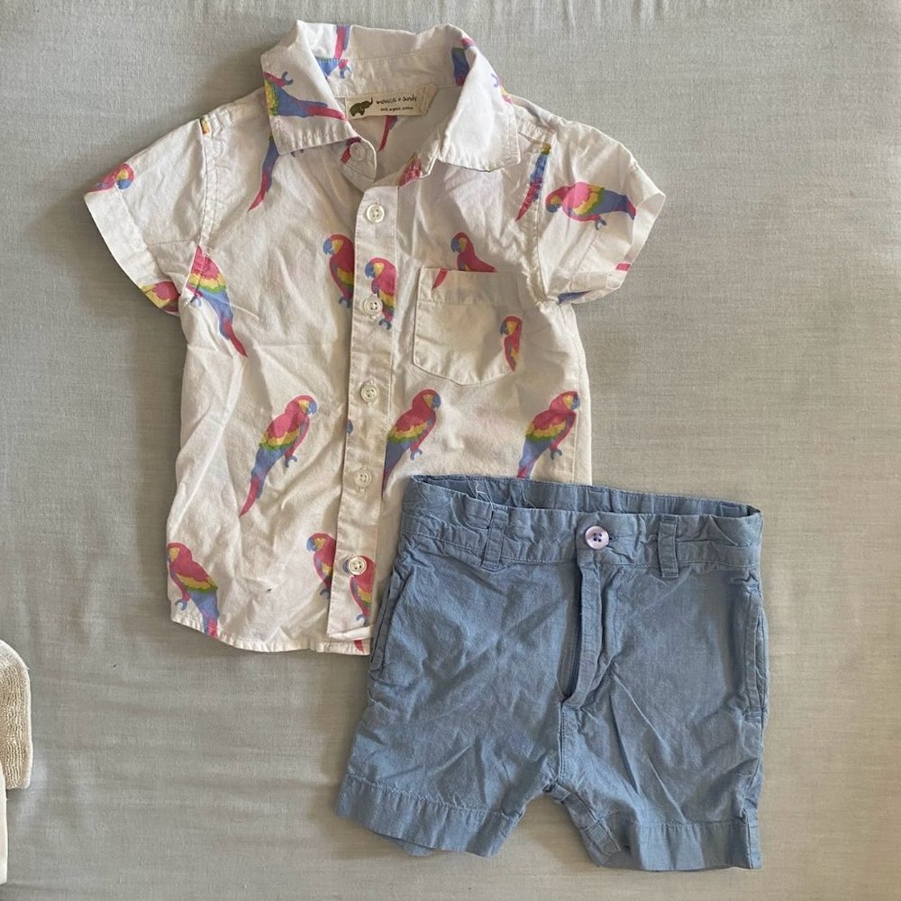 Monica + Andy Organic Cotton Parrot Shirt + Shorts Set | 18-24M